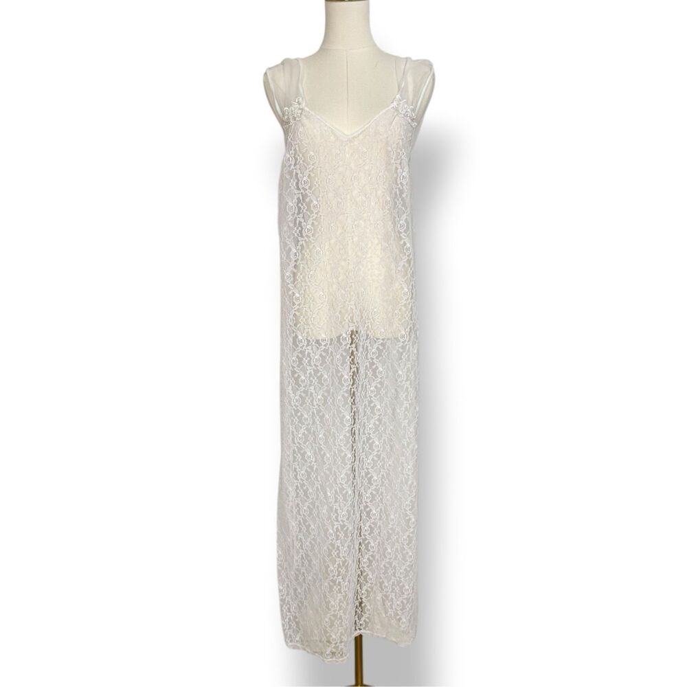 Vtg‎ Frederick’s of Hollywood Women’s M White Lace Nightgown Floral Sheer 80s